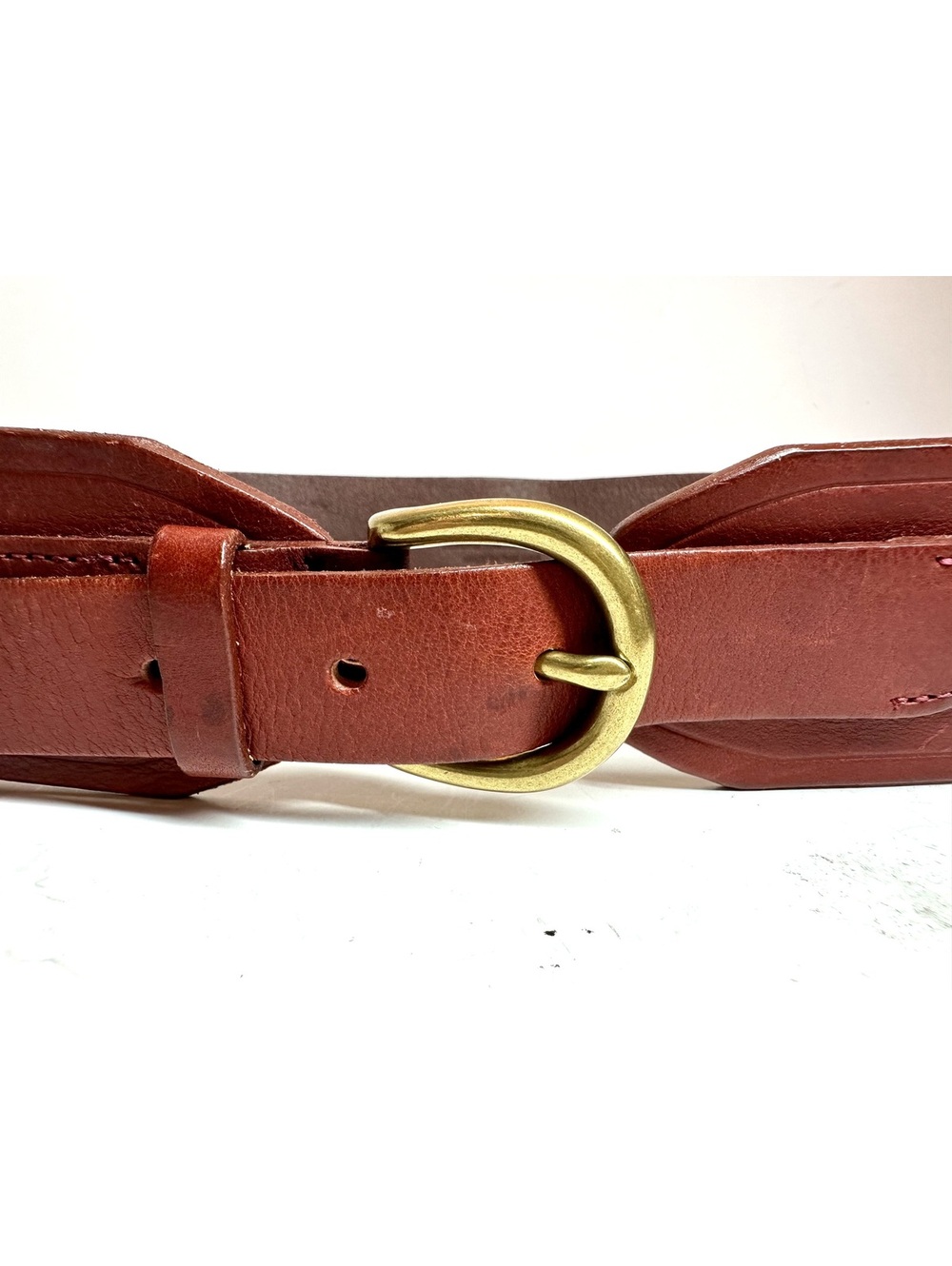 Vintage J. Crew Red-Brown Genuine Leather Waist Belt Solid Brass Buckle Size L